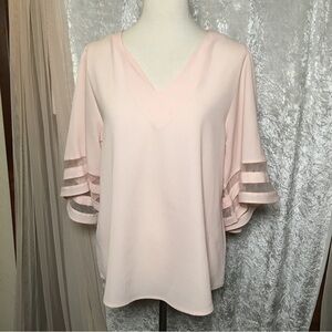 Shy Velvet Soft Pink V-Neck tunic blouse with bell Sleeves - Size M
